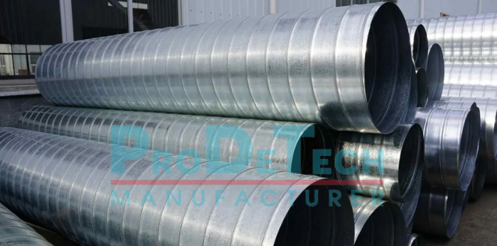 Cận cảnh ống gió tròn xoắn với gân xoắn gia cường tăng độ bền cơ học