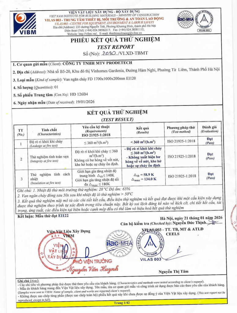 Test Report Van Ngăn Cháy EI120 Viện VIBM