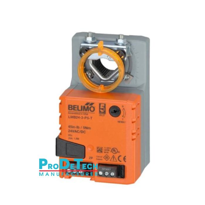 Belimo LMQ24A lắp trực tiếp lên trục damper, giới hạn góc quay tối đa 95° bằng chặn cơ khí.